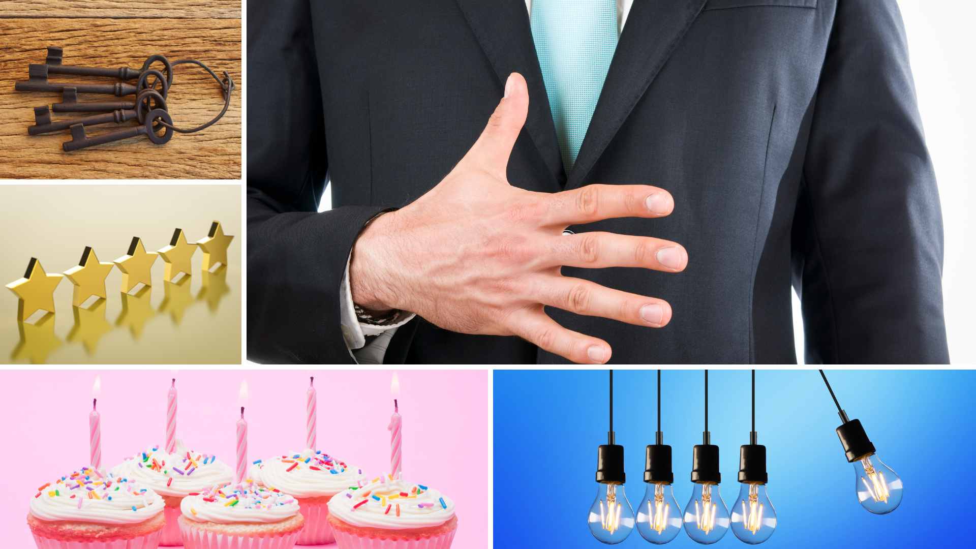 Collage of images of 5 keys, 5 stars, 5 cupcakes, 5 lightbulbs and a hand extending 5 fingers on Nemphos Braue's website