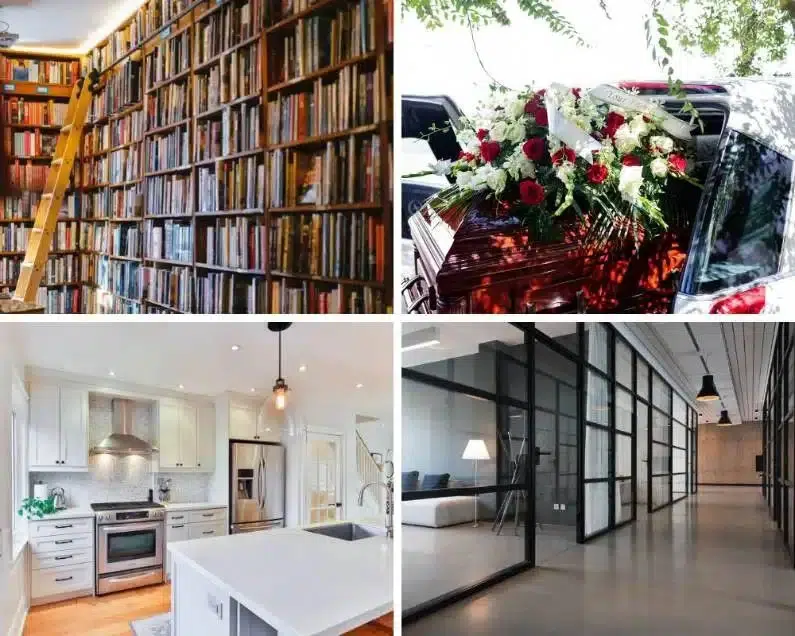 Collage of a commercial space, a funeral, a kitchen, and a library
