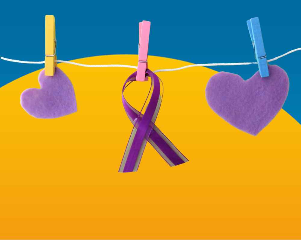 Graphic image representing Cystic Fibrosis Foundation with purple hearts and a purple ribbon