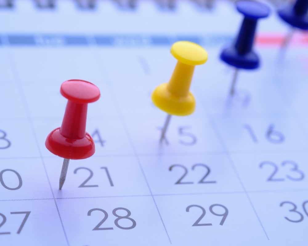 Image of a calendar with pushpins on certain dates